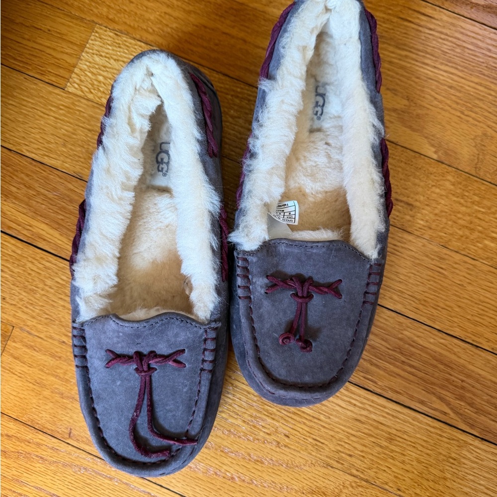 UGG  Gray Suede Moccasins with Cream Shearling and Burgundy Trim